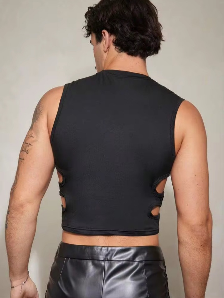 Men's Black Mesh Cut-Out Sleeveless Crop Tank Top – Slim Fit Fashion Party Vest